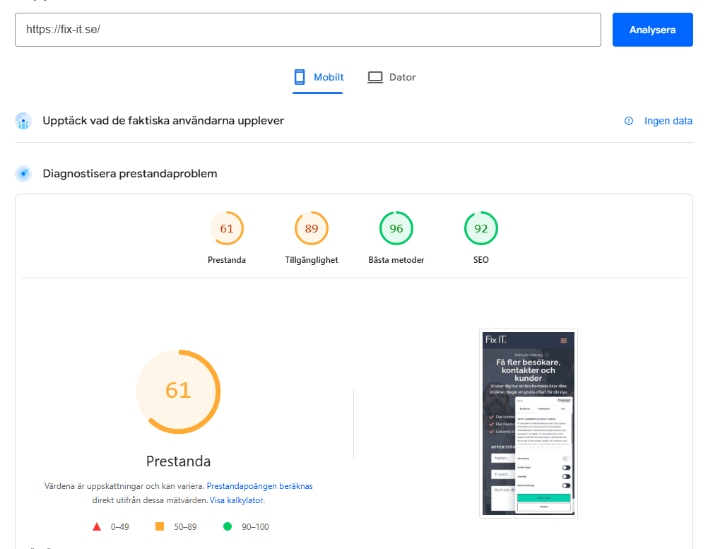 Pagespeed från Fix ITs hemsida