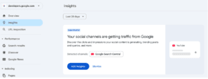 Analysdashboard i Google Search Console som visar trafik till inlägg från Instagram, TikTok och YouTube.