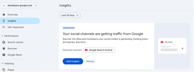 Analysdashboard i Google Search Console som visar trafik till inlägg från Instagram, TikTok och YouTube.